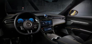 Interior of the 2025 Maserati Grecale, featuring the steering wheel, central console, dashboard, and seating